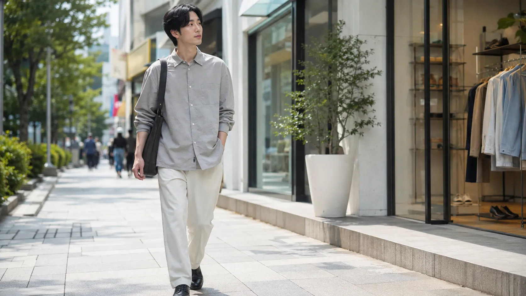休日の街歩きや買い物を楽しむ20代日本人男性のきれいめカジュアルコーデ
