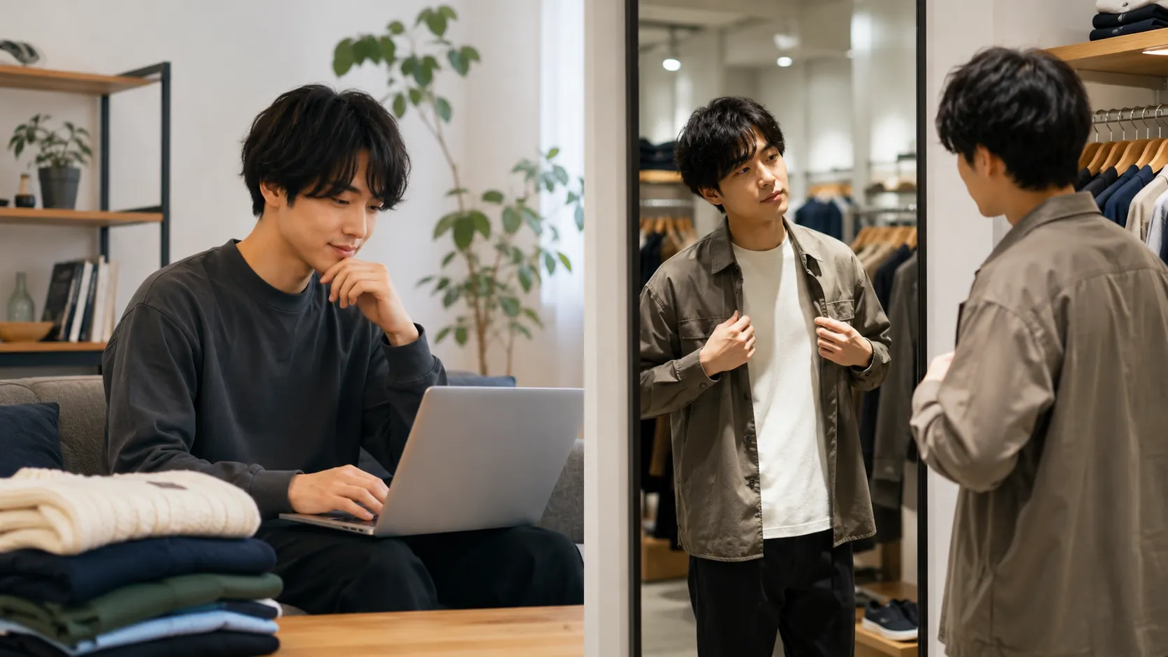 自宅での通販と実店舗での試着を比較する20代日本人男性