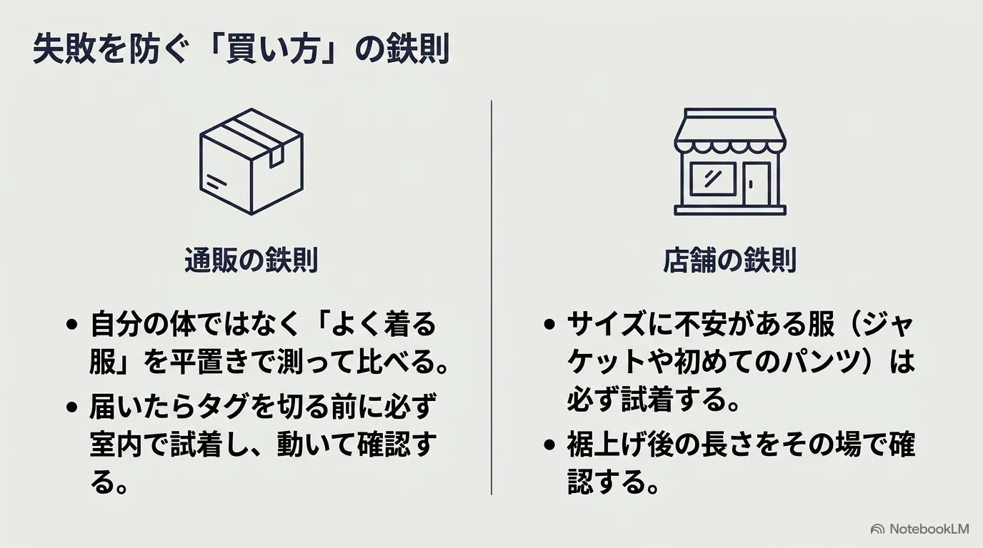 よく着る服を平置きで測るなどの通販の鉄則と、サイズに不安がある服は試着するなどの店舗の鉄則