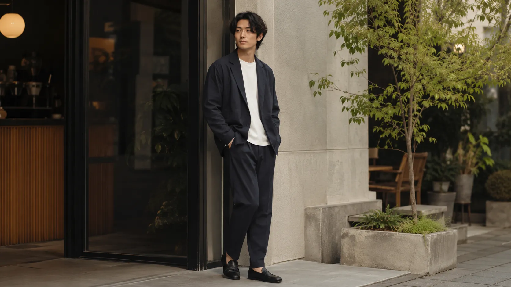 ネイビーのセットアップに白Tシャツを合わせた20代後半のきれいめメンズコーデ