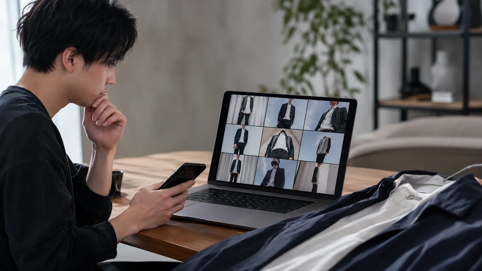 SNSのメンズコーデ写真と実物の服を比較する20代日本人男性