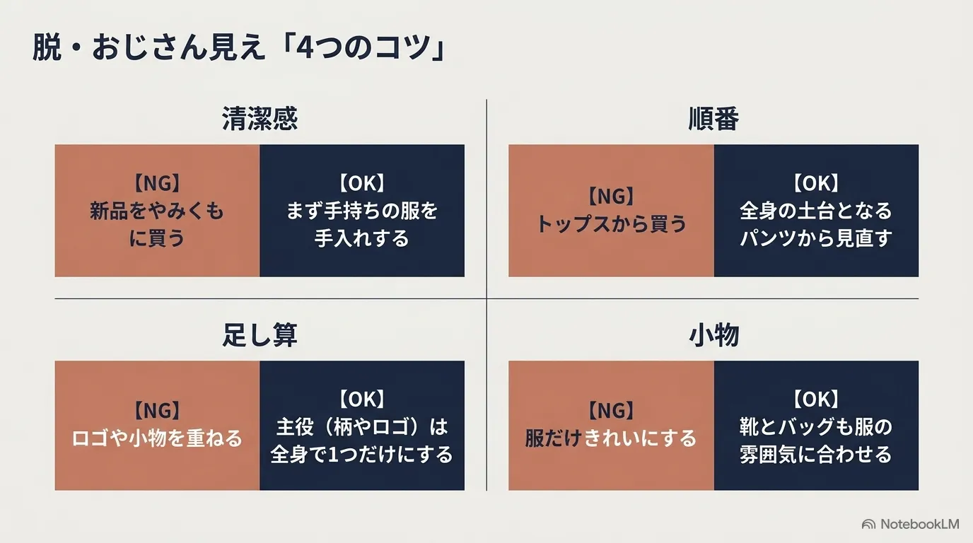 新品を買う前に手入れする、パンツから見直す、主役となる柄やロゴは全身で1つにする、靴とバッグも服に合わせるという脱おじさん見えの4つのコツ