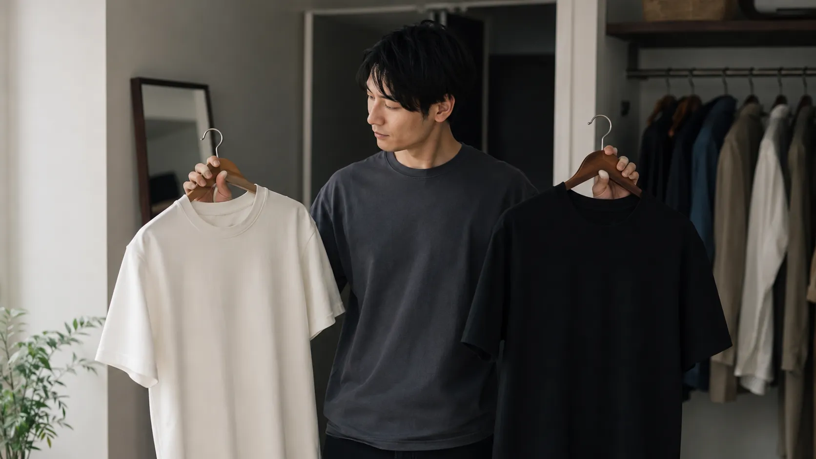 白と黒の無地Tシャツを比較する20代の日本人男性