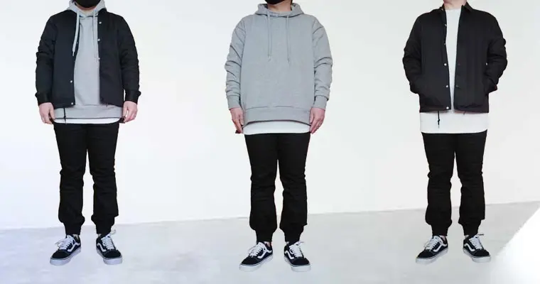 黒いジョガーパンツにグレーパーカーや黒アウターを合わせたメンズの着回しコーデ3例