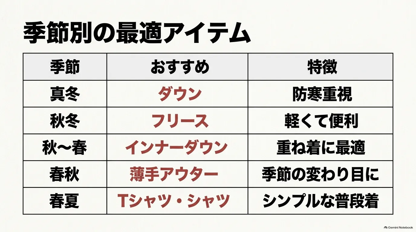 DANTONの季節別おすすめアイテム一覧・真冬はダウン、秋冬はフリース、秋から春はインナーダウン、春秋はライトアウター、春夏はTシャツとシャツ