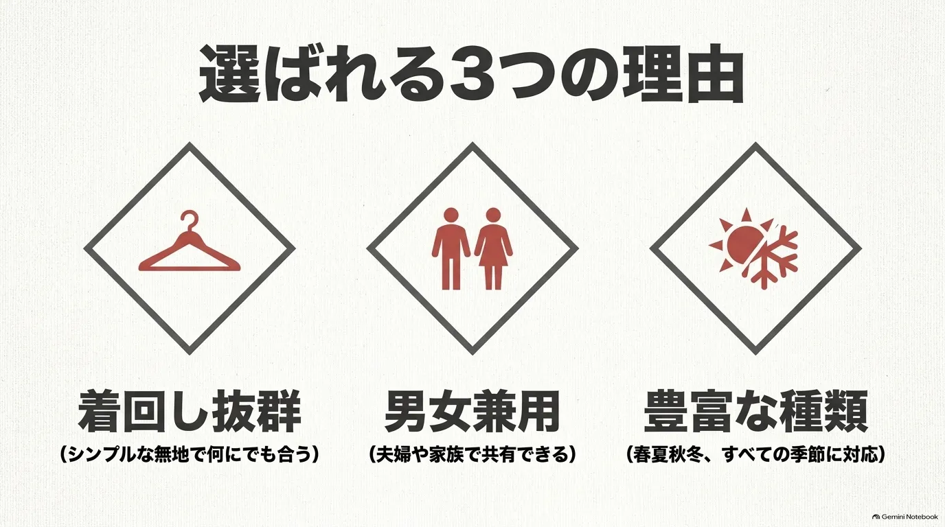 DANTONが選ばれる理由は着回しやすさ・男女とも選びやすいこと・季節ごとの種類が豊富なこと