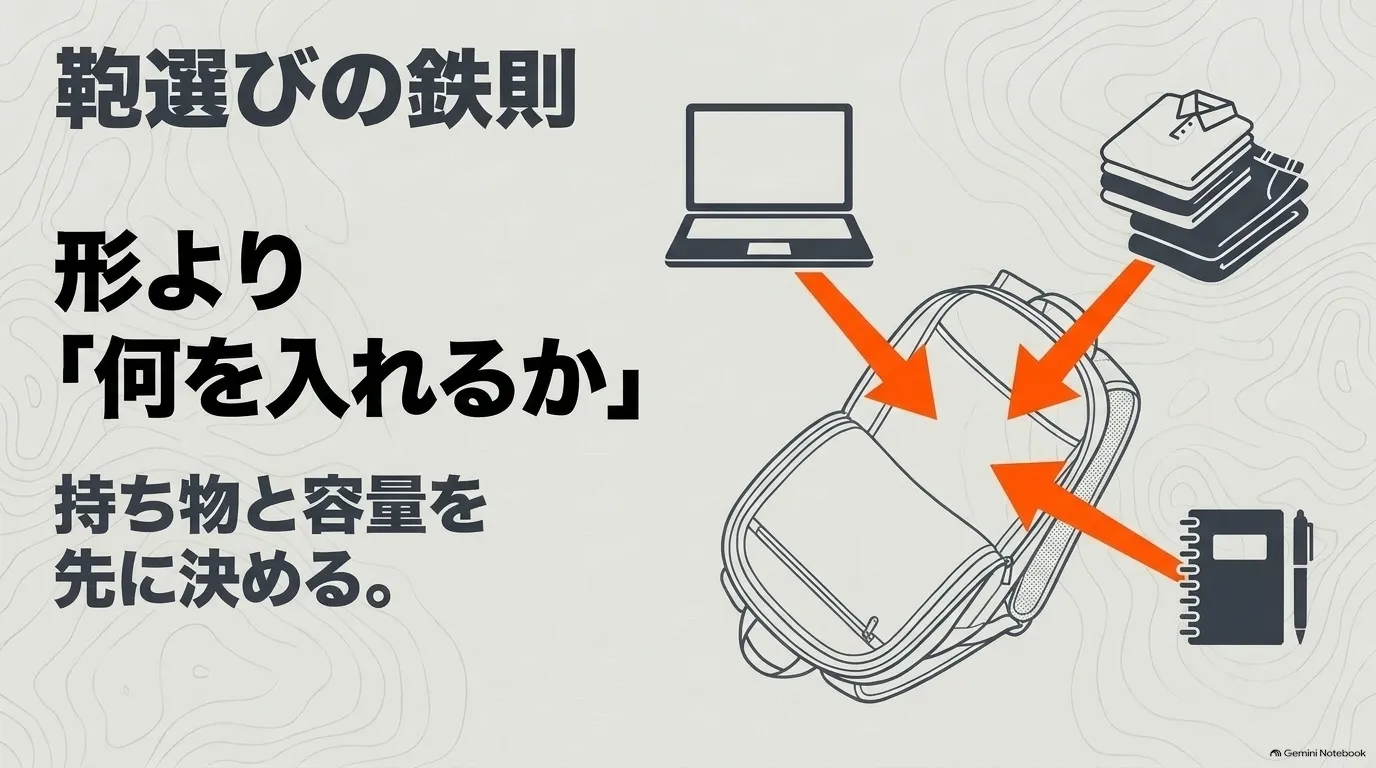 ノースフェイスのリュックは形だけでなくパソコンや衣類など入れる物と容量から選ぶことを示す図解