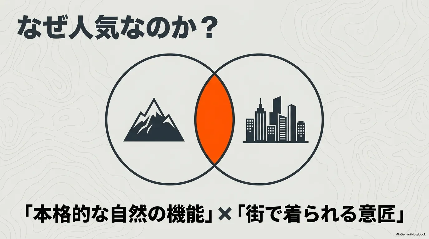 ノースフェイスが本格的なアウトドア機能と街着としてのデザイン性を両立していることを示す図解