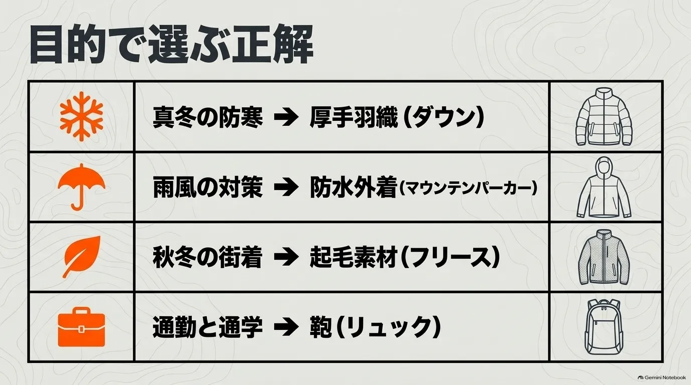真冬の防寒はダウン、雨風対策はシェル、秋冬はフリース、通勤通学はリュックというノースフェイスの目的別選び方