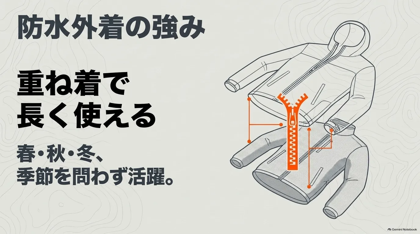 ノースフェイスの防水シェルをインナーと重ね着して春秋冬の幅広い季節に活用するイメージ