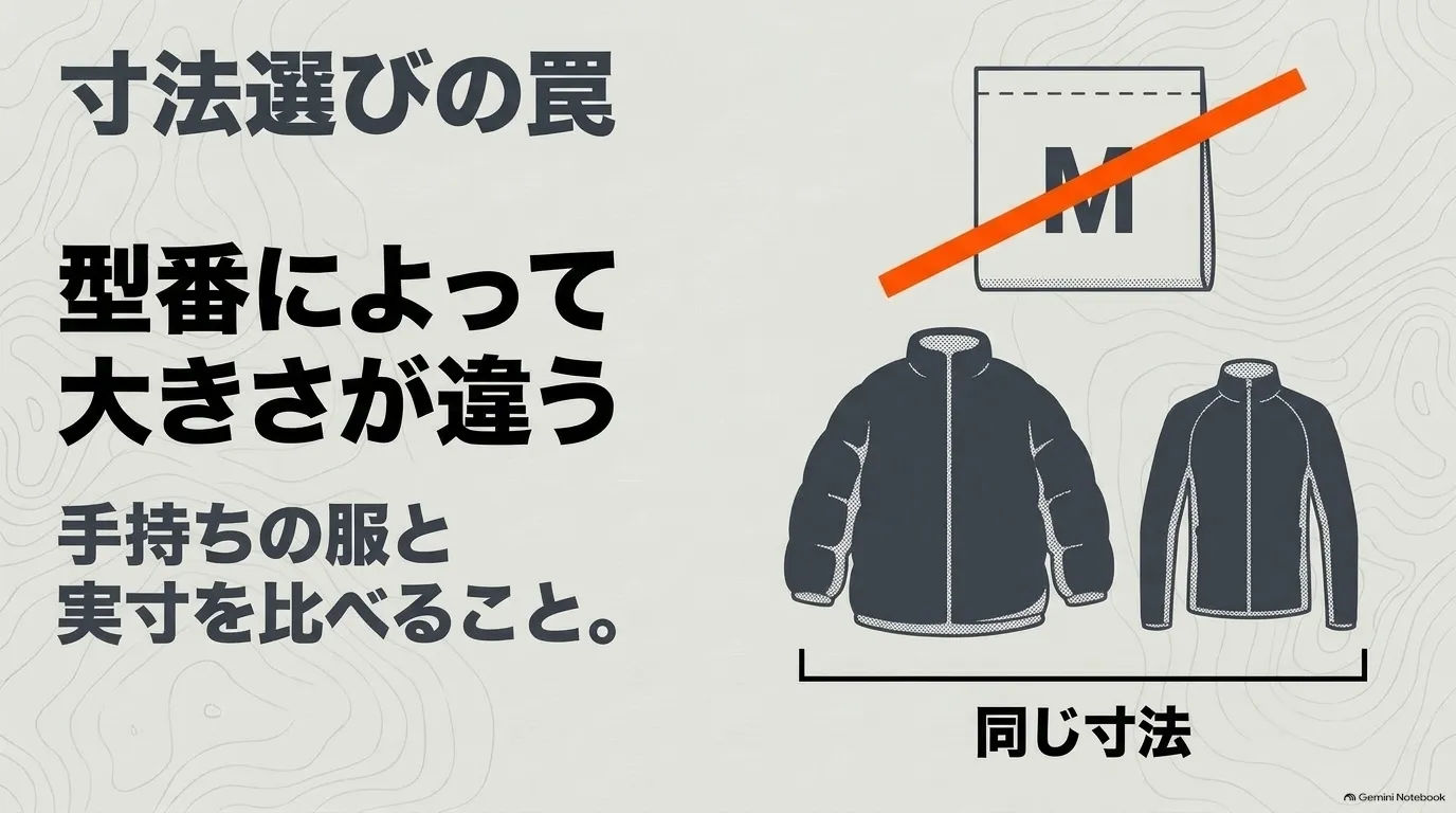 ノースフェイスは同じサイズ表記でもモデルによって着用感が異なるため手持ちの服と実寸を比較する方法