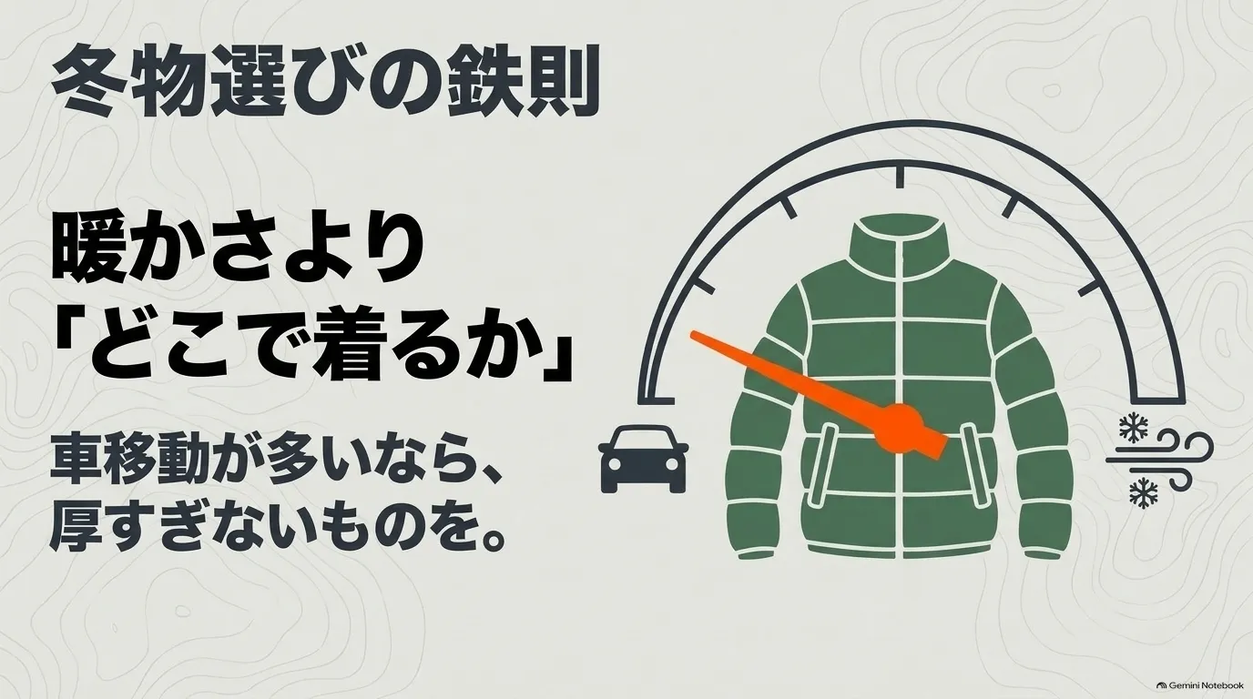 ノースフェイスの冬用アウターは暖かさだけでなく着用する場所や移動方法から選ぶことを示す図解